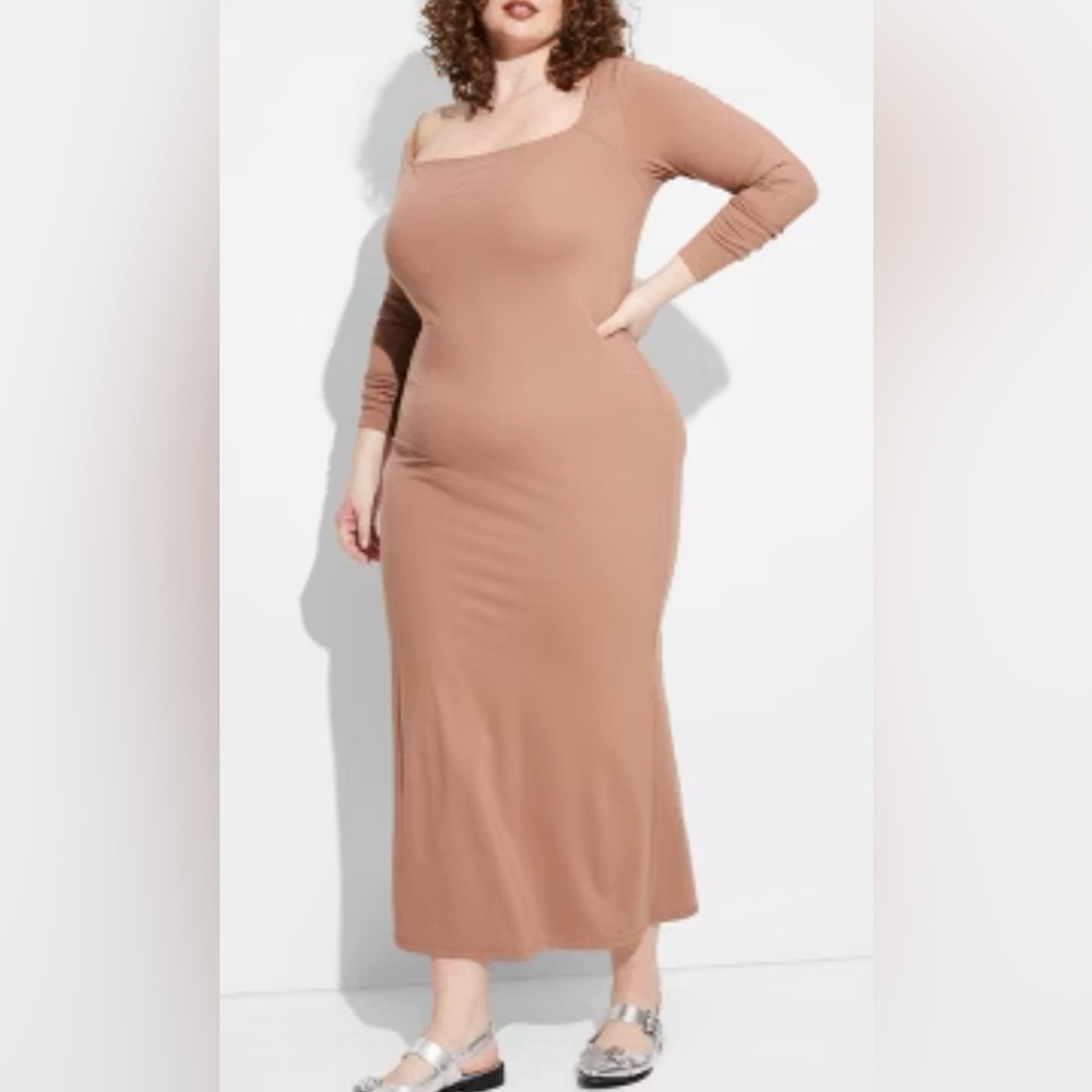 NWT Long Sleeve, Square Neck, Maxi, Bodycon Dress In Dark Taupe. Size S. - Picture 4 of 4